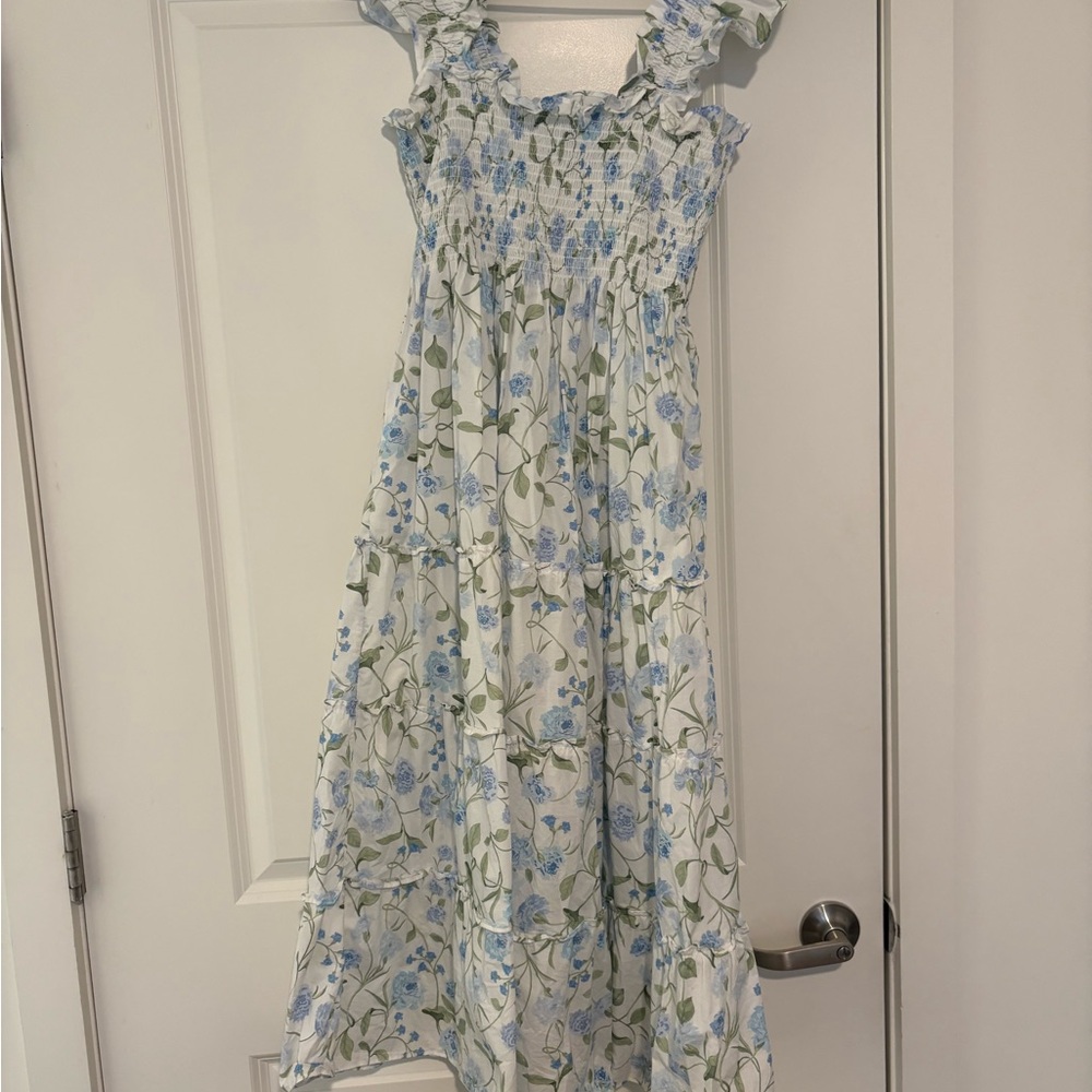 Hill House The Nap Dress in White with Blue & Green Floral Print